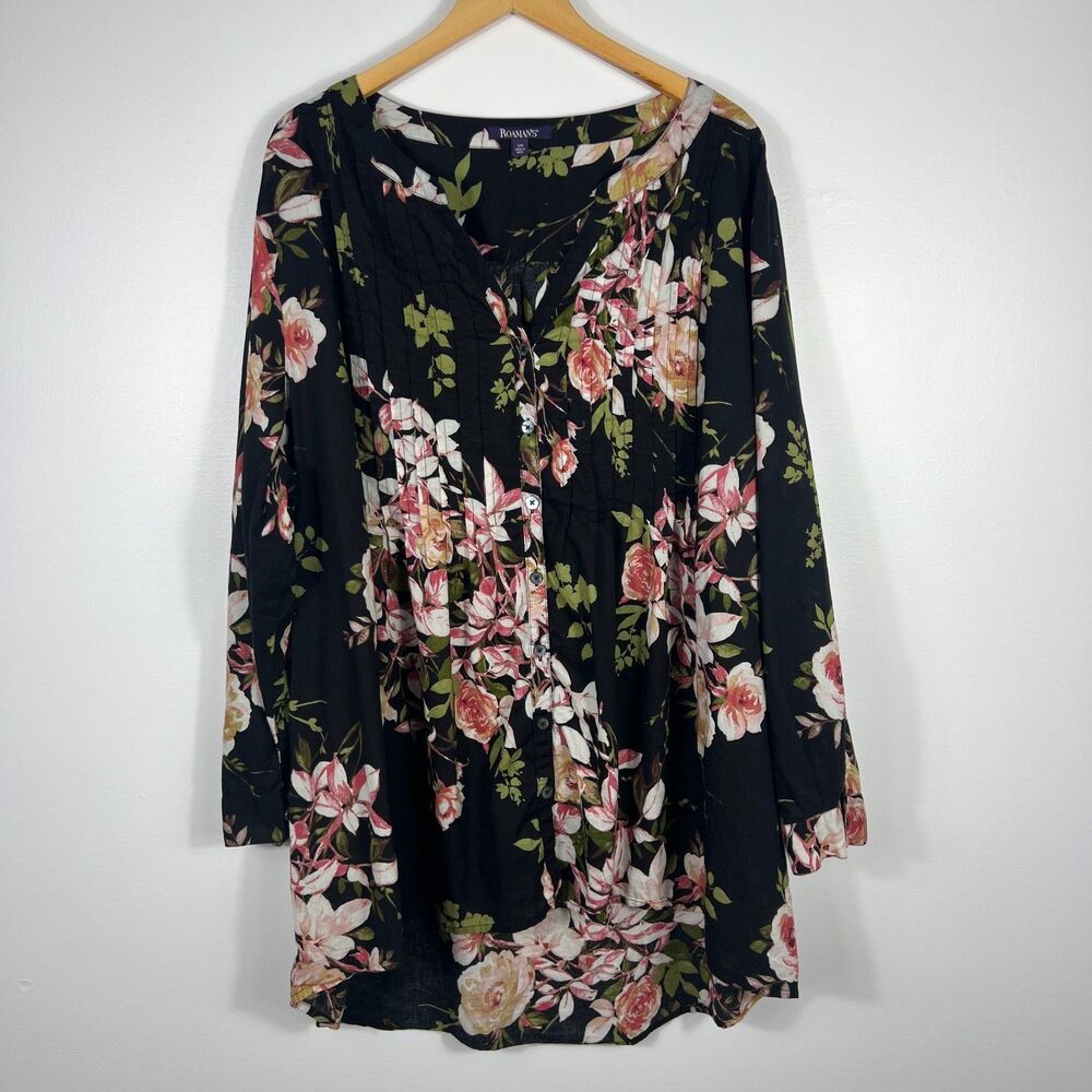 Roamans Top Womens 30W Black Floral Button Up Long Sleeve Cotton Pleated Tunic